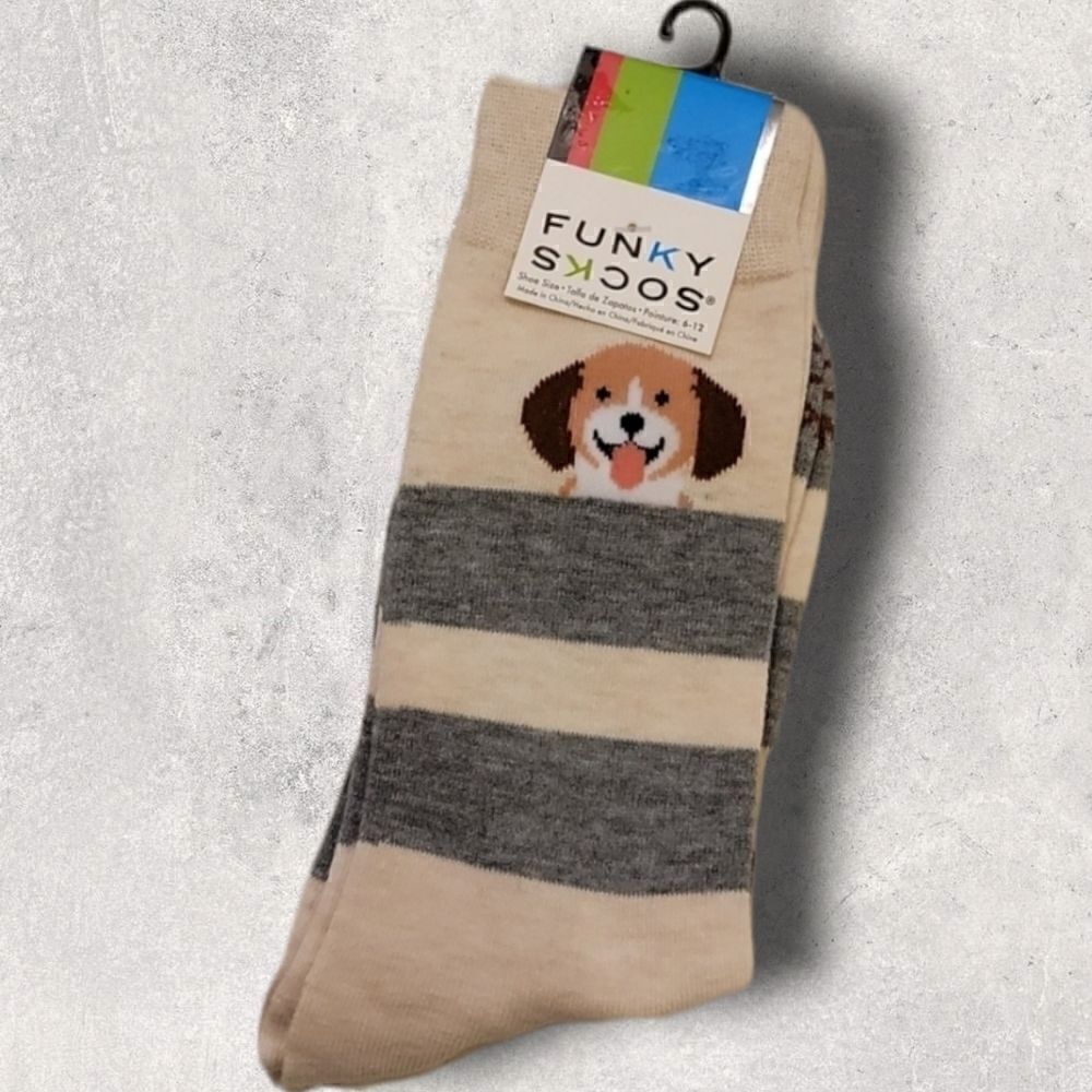 𝅺FUNKY SOCKS MEN'S PUPPY DOG STRIPED CREW SOCKS,  NEW WITH TAGS!